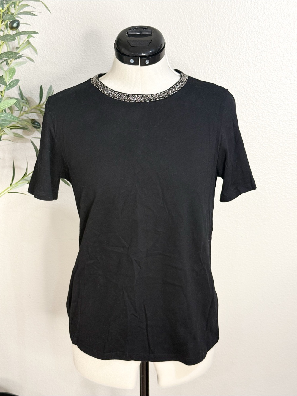 Express Black Embellished Neck Short Sleeve Women’s Top 100% Cotton